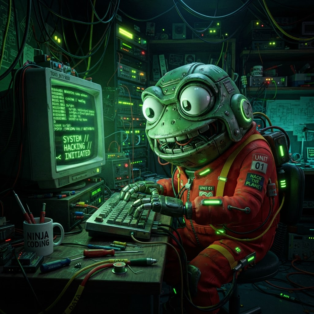 Robot toad typing on a retro computer terminal with green code on screen
