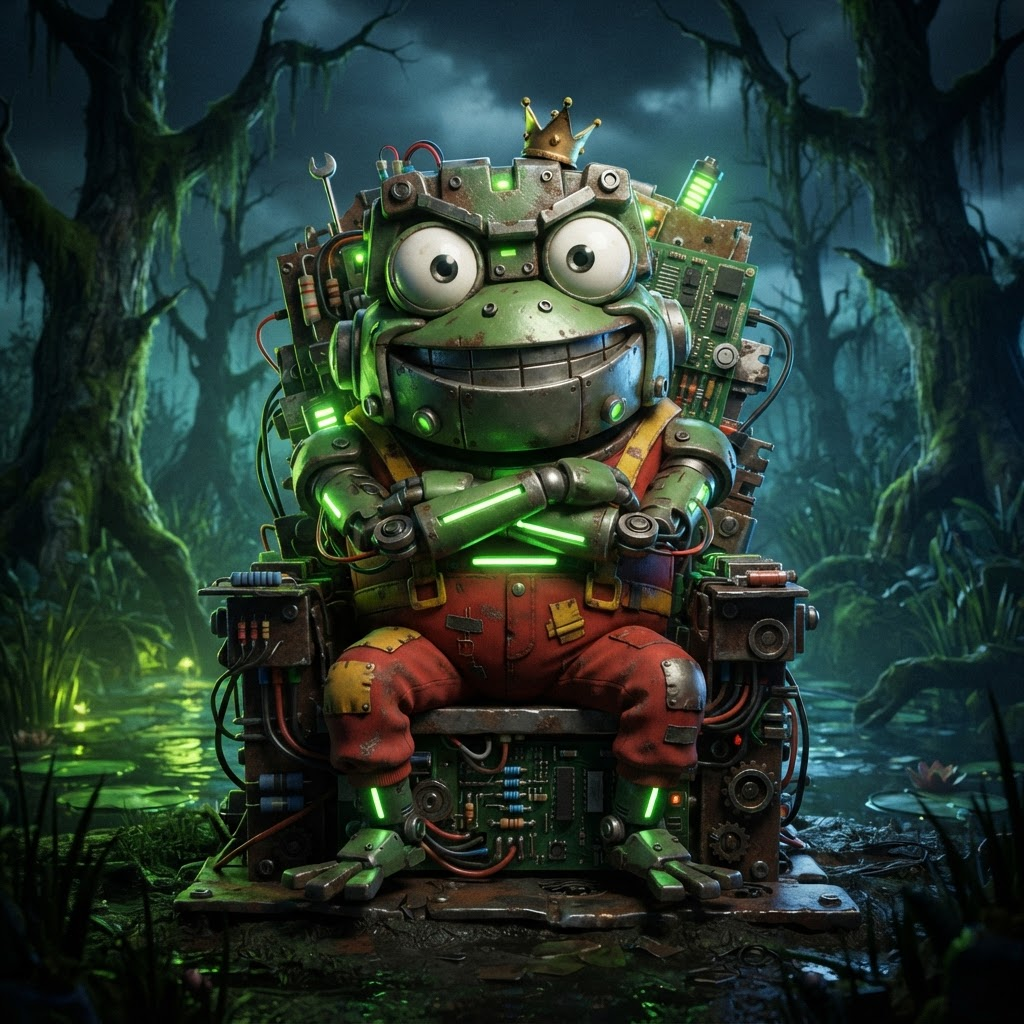 TOADBOT sitting on a throne of scrap metal wearing a crooked gold crown
