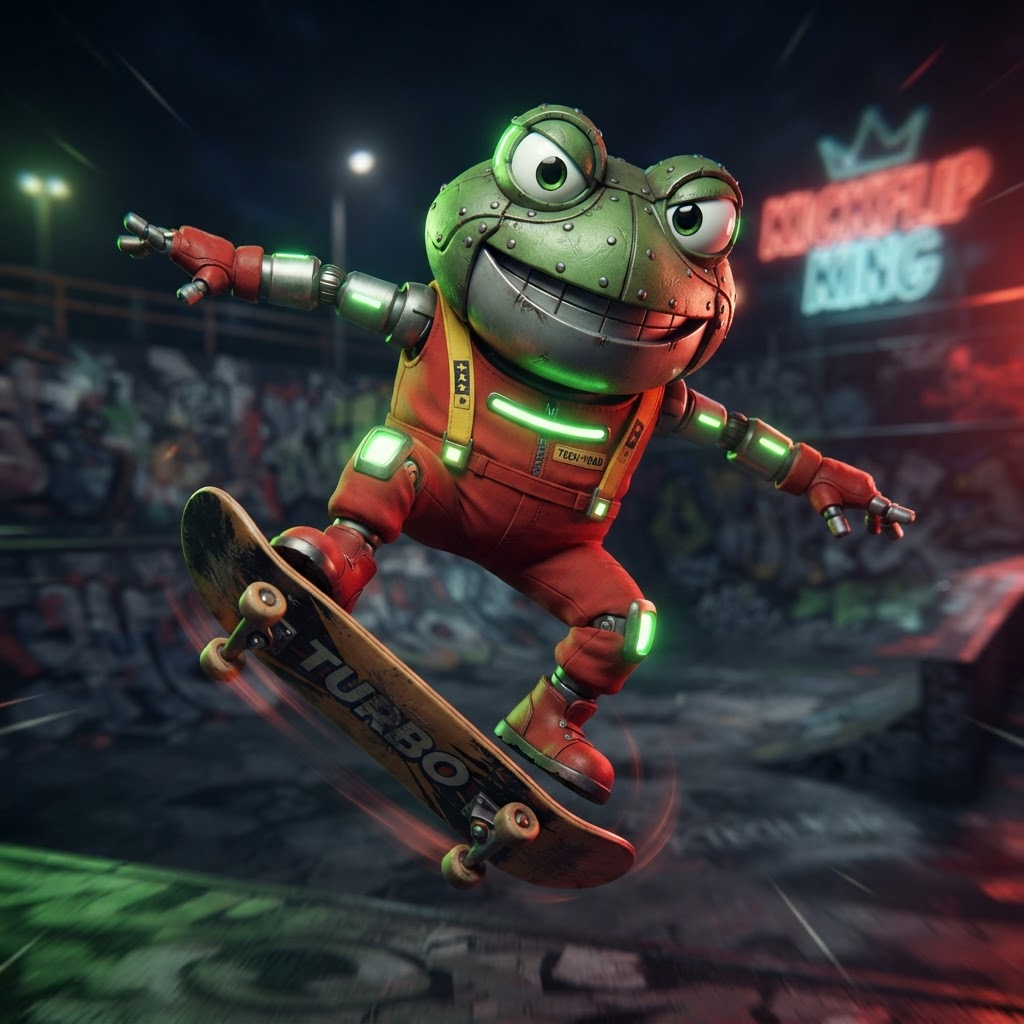 Robot toad doing a skateboard kickflip mid air